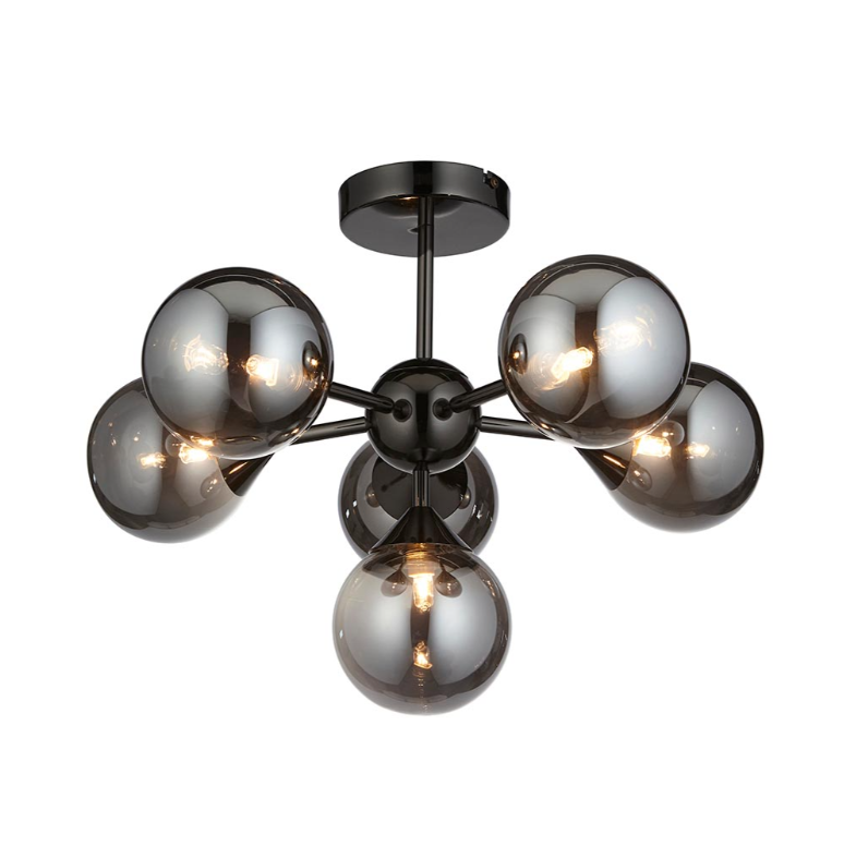Endon Oscar 6 Light Black Chrome & Smoked Glass Semi Flush