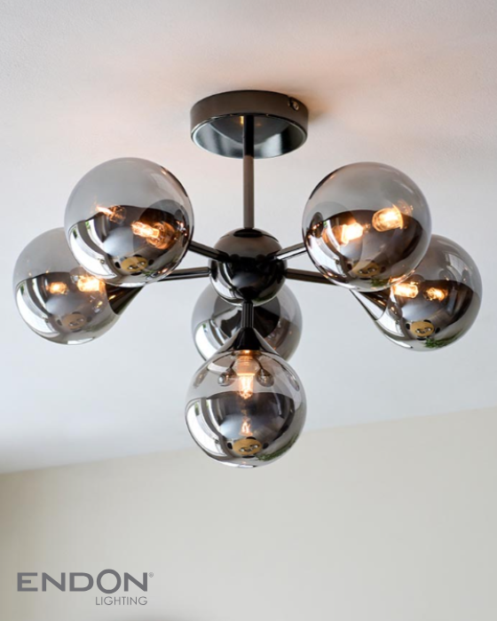 Endon Oscar 6 Light Black Chrome & Smoked Glass Semi Flush