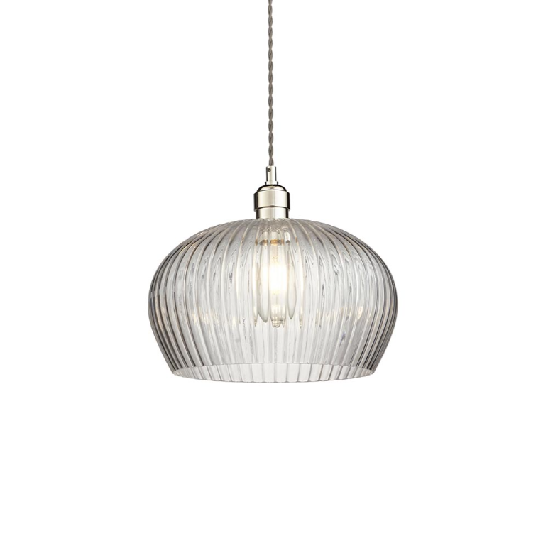 Vesilo Lighting Furrow Medium Ribbed Clear Glass & Bright Nickel Pendant