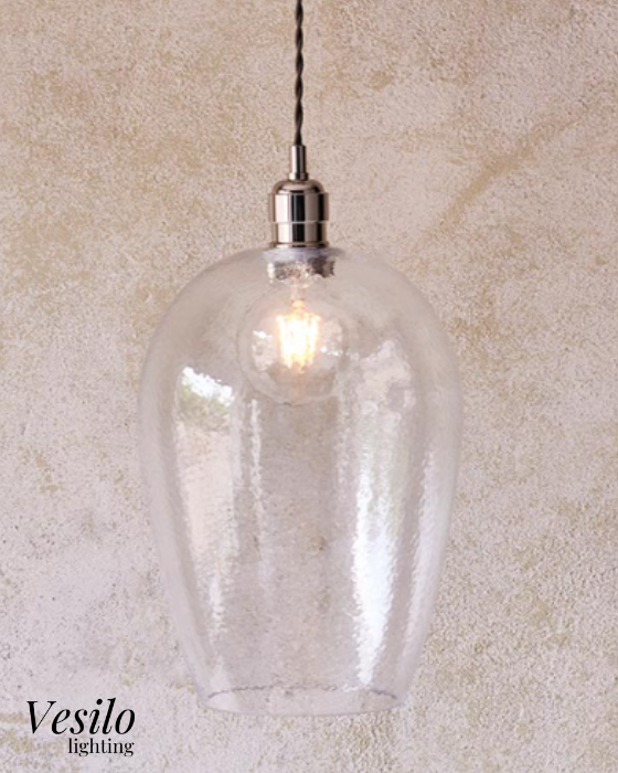 Vesilo Lighting Furrow Large Clear Hammered Glass & Bright Nickel Pendant