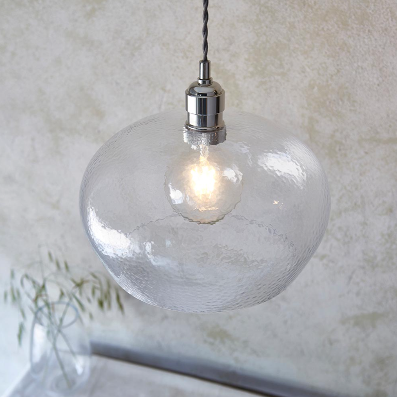 Vesilo Lighting Furrow Medium Clear Hammered Glass & Bright Nickel Pendant