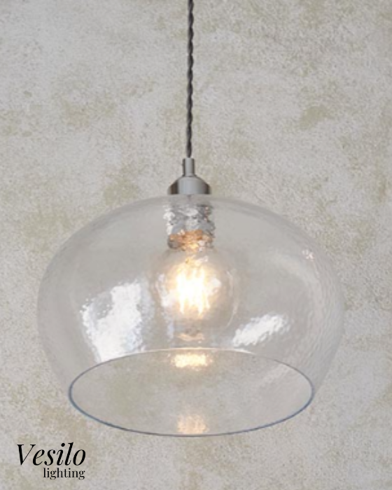 Vesilo Lighting Furrow Medium Clear Hammered Glass & Bright Nickel Pendant