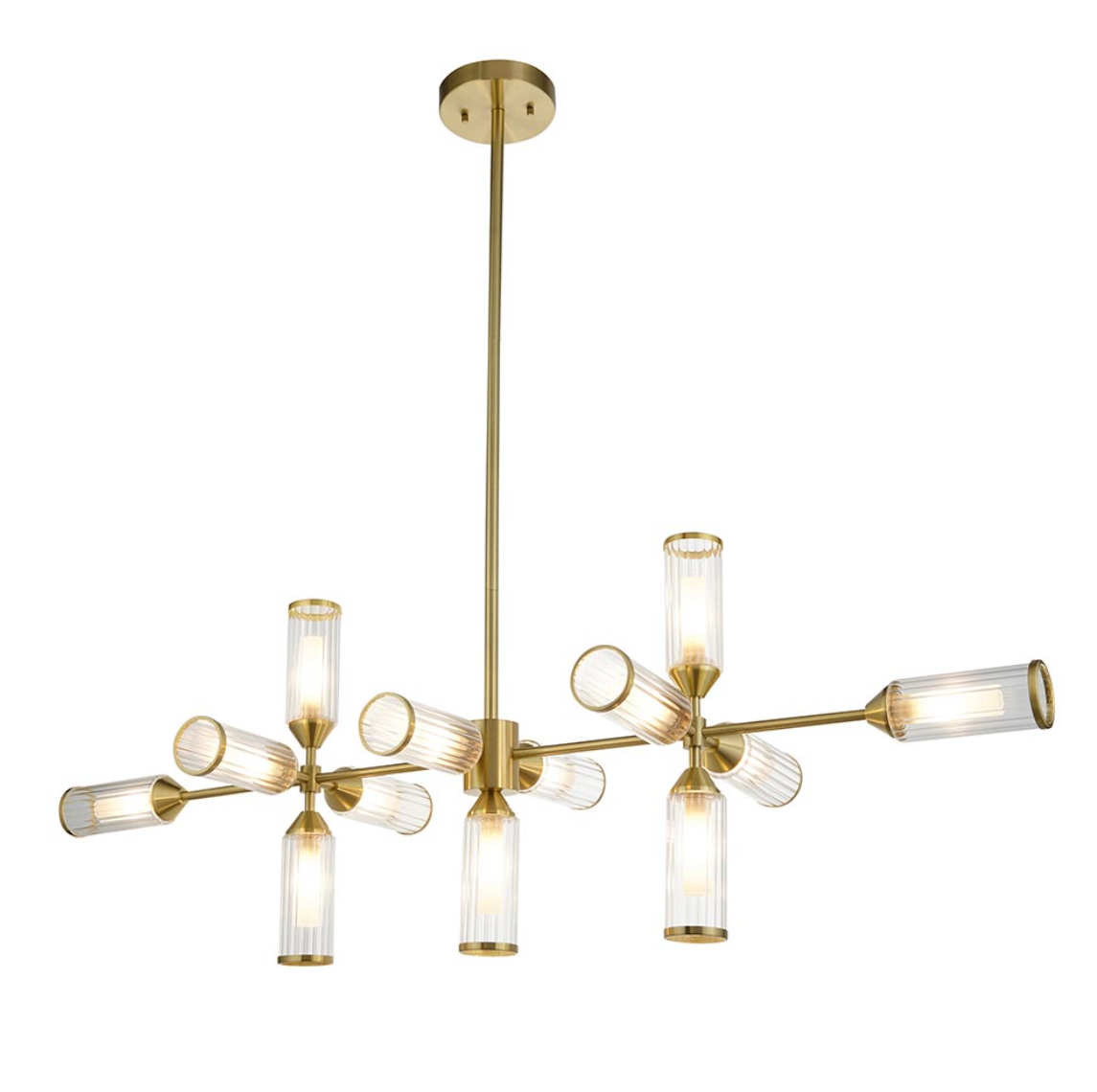 Vesilo Lighting Flute 13 Light Ribbed Frosted Glass & Satin Brass Linear Pendant