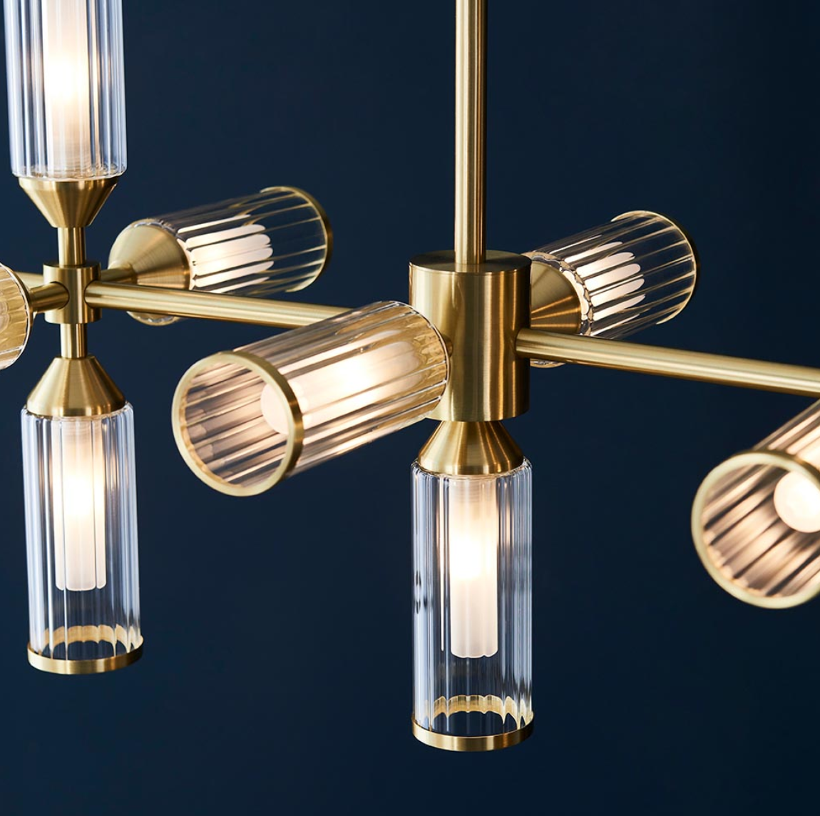 Vesilo Lighting Flute 13 Light Ribbed Frosted Glass & Satin Brass Linear Pendant