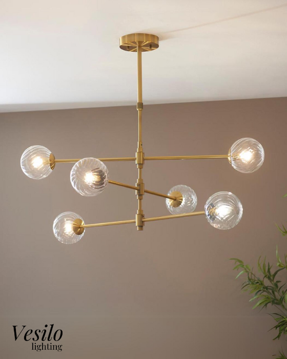 Vesilo Lighting Awry Aged Brass 6 Light Twisted Clear Glass Pendant
