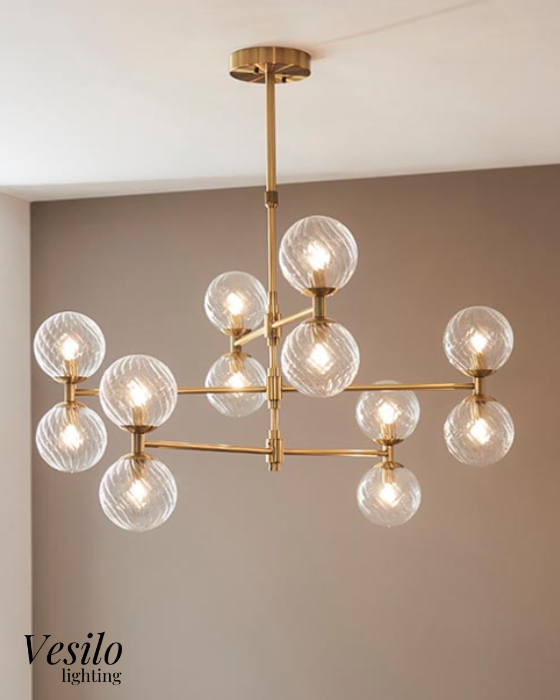Vesilo Lighting Awry Aged Brass 12 Light Twisted Clear Glass Pendant