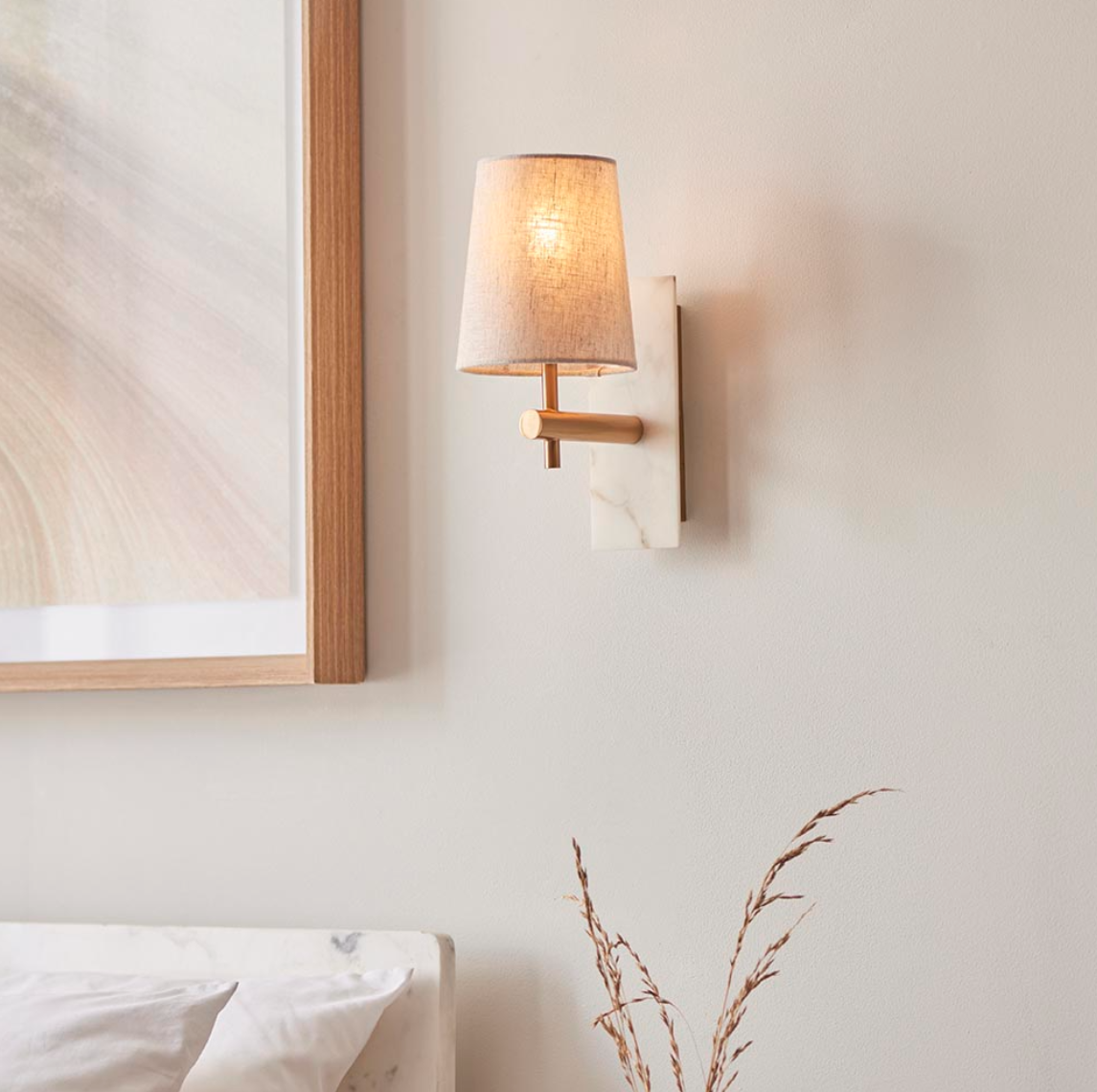 Vesilo Lighting Vein Brass & White Marble Wall Light with Tapered Shade