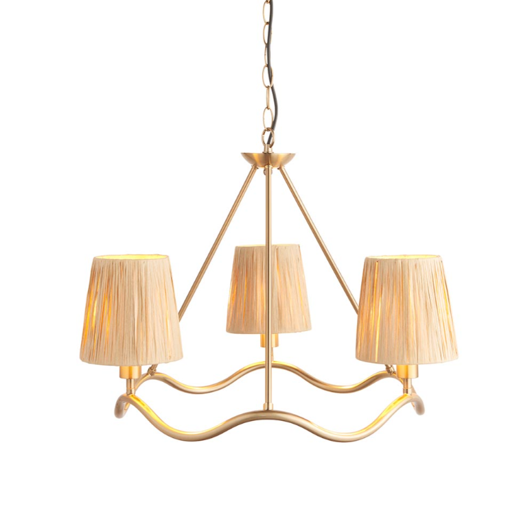 Endon Wriggle Brass 3 Light Pendant with Raffia Tapered Shades