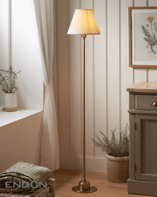 Endon Burley Rechargeable Aged Brass Floor Lamp with 25cm Ivy Vintage White Shade