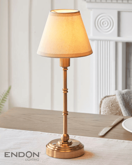 Endon Burley Rechargeable Aged Brass Table Lamp with 16cm Ivy Vintage White Shade