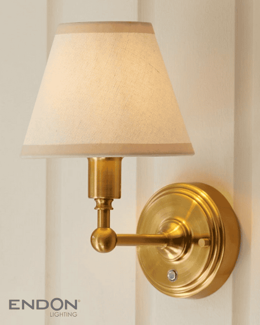 Endon Burley Rechargeable Aged Brass Wall Light with 16cm Ivy Vintage White Shade