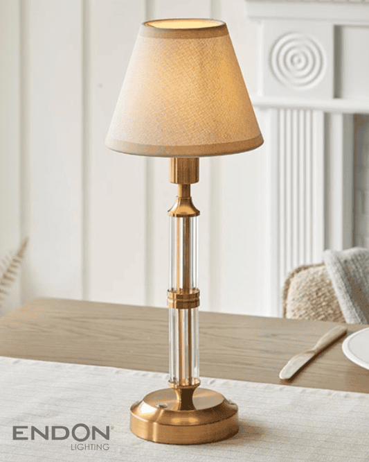 Endon Morton Rechargeable Brass Table Lamp with 16cm Ivy Vintage White Shade