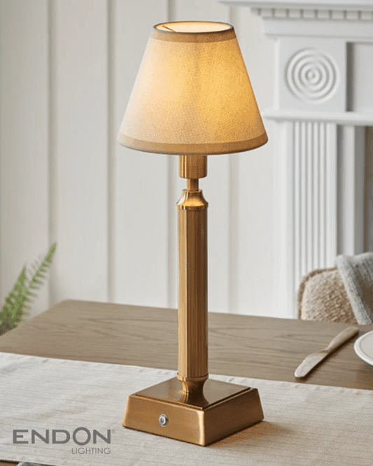 Endon Trobridge Rechargeable Brass Table Lamp with 16cm Ivy Vintage White Shade