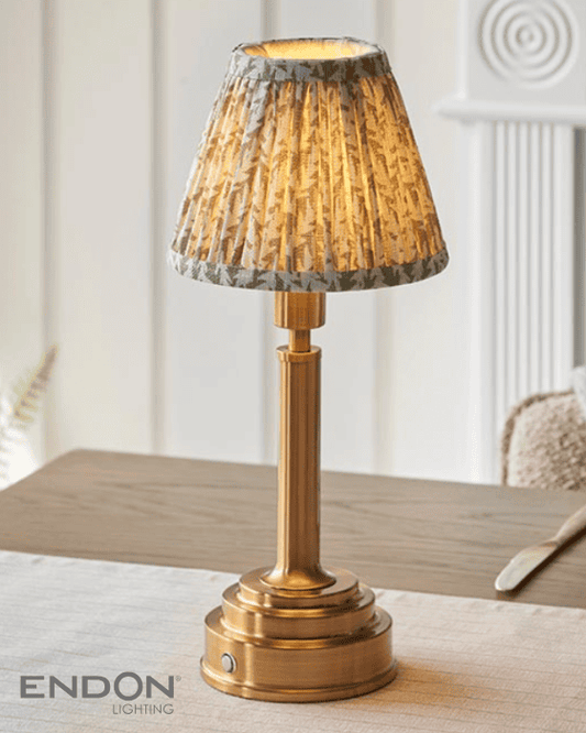 Endon Upton Rechargeable Aged Brass Table Lamp with 16cm Leaf Herb Garden Green Shade