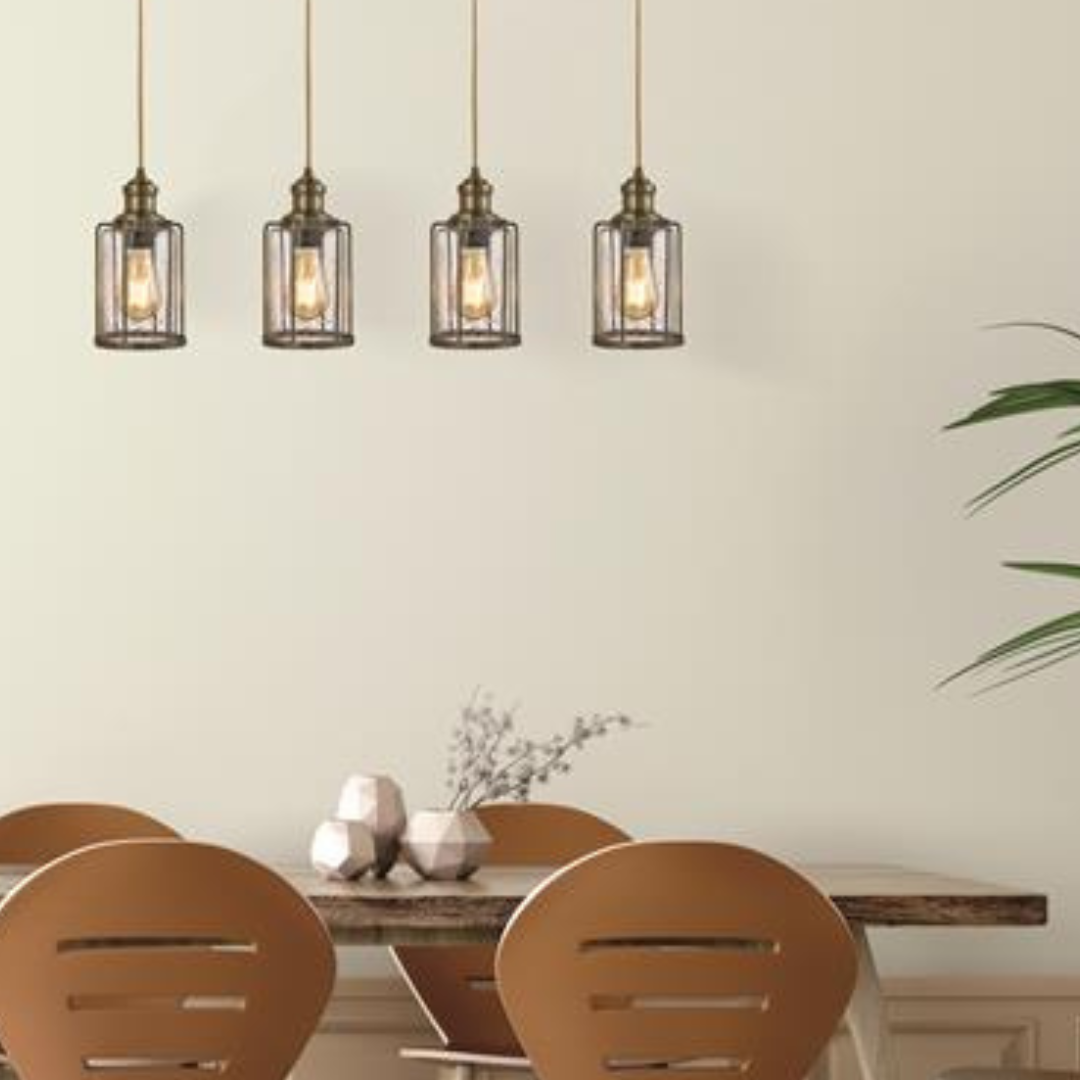 Searchlight Pipes Antique Brass & Seeded Glass 4lt Bar Pendant