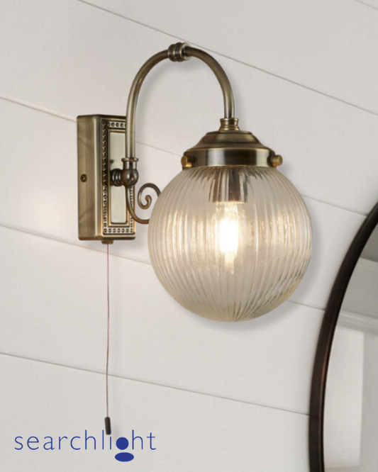 Searchlight Belvue Bathroom IP44 Antique Brass Metal & Clear Glass Wall Light