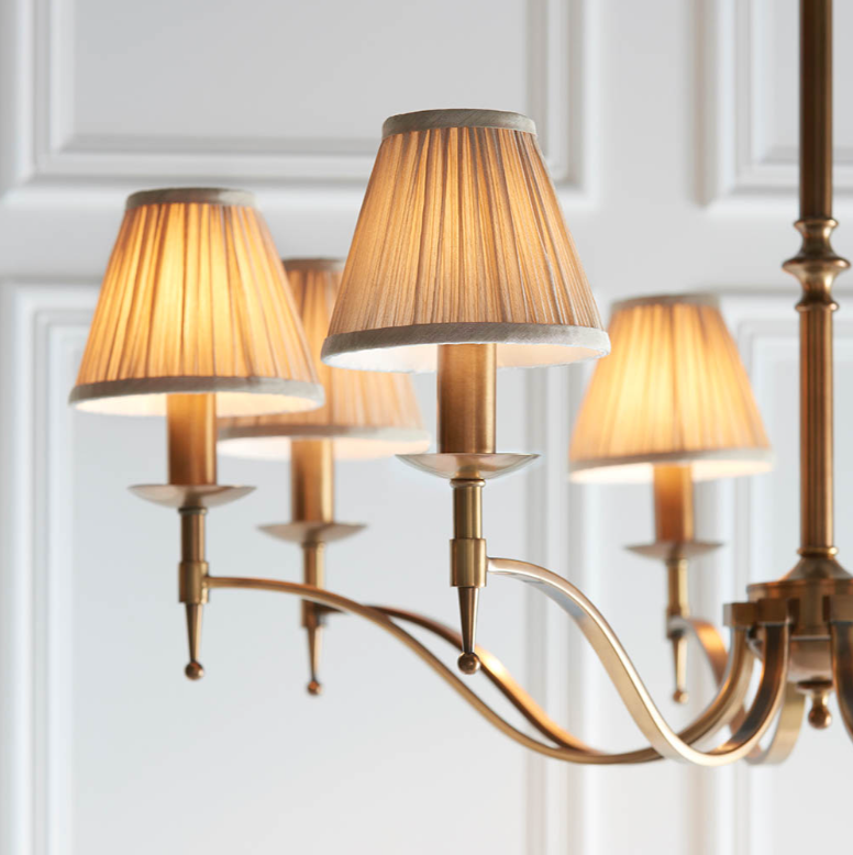 Interiors 1900 Stanford Antique Brass 8 Light and Beige Shades Chandelier