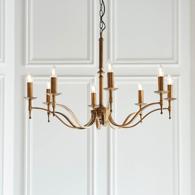 Interiors 1900 Stanford Antique Brass 8 Light and Beige Shades Chandelier