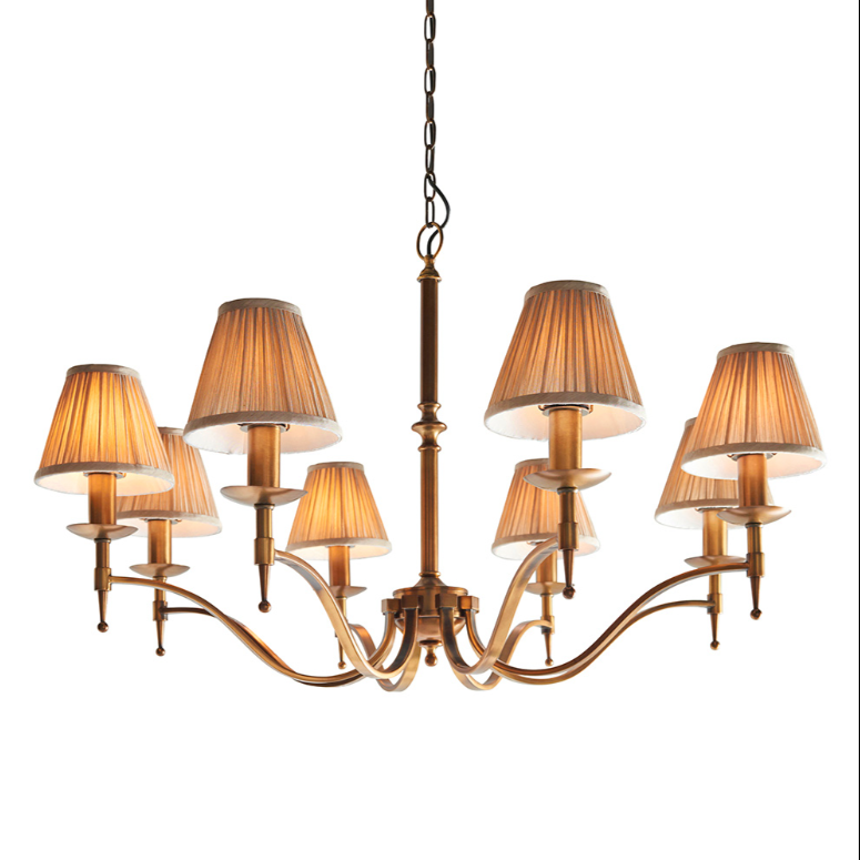 Interiors 1900 Stanford Antique Brass 8 Light and Beige Shades Chandelier