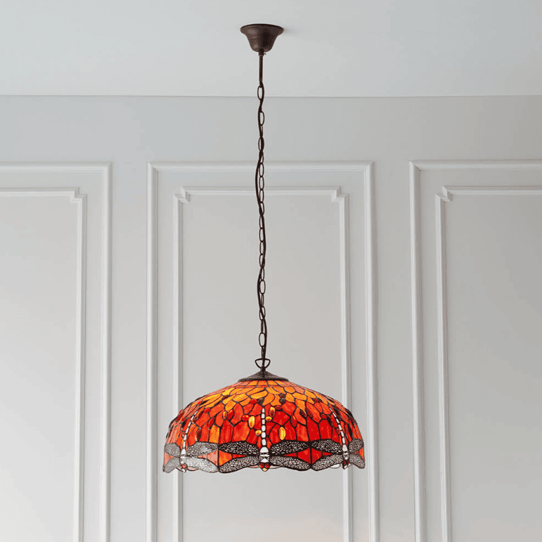 Tiffany Dragonfly Flame 3 Light Orange Large Pendant