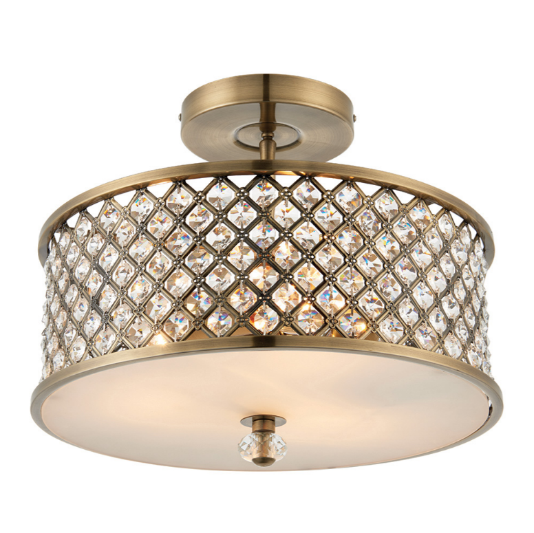 Endon Hudson 3 Light Antique Brass & Crystal Semi Flush
