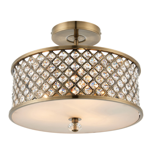 Endon Hudson 3 Light Antique Brass & Crystal Semi Flush