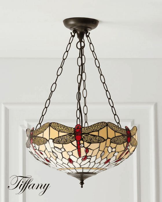 Tiffany Dragonfly Beige Medium Inverted 3 Light Pendant