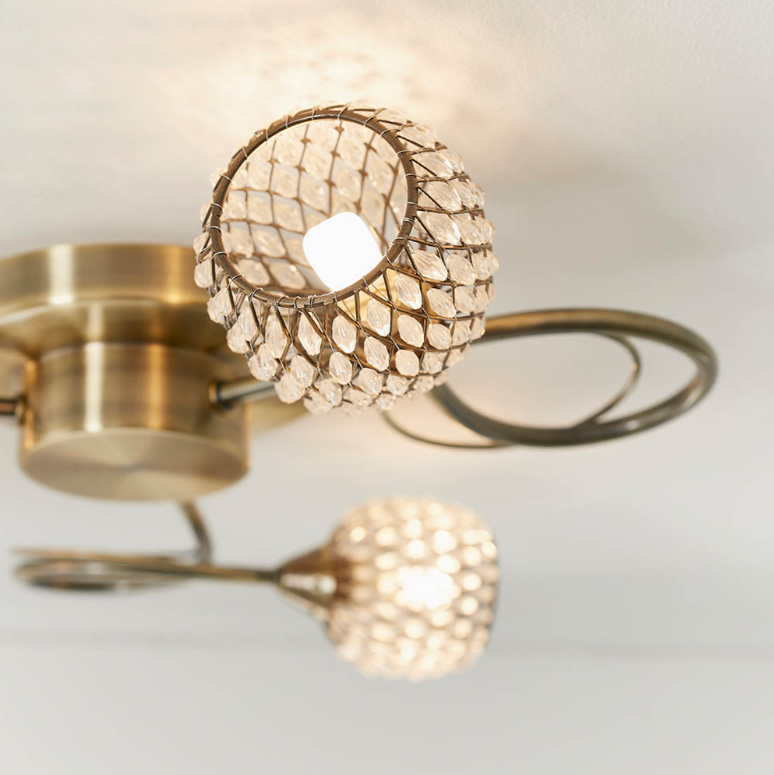 Endon Aherne 3 Light Antique Brass & Faceted Glass Semi Flush