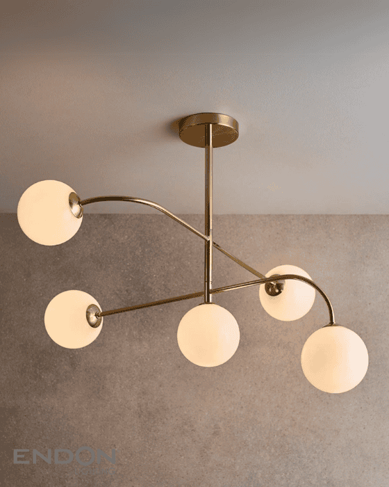 Endon Otto 5 Light Brushed Brass & Opal Glass Semi Flush