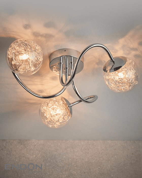Endon Auria 3 Light Chrome & Wired Glass Semi Flush