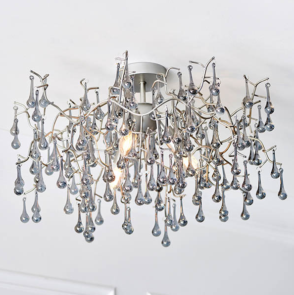 Vesilo Lighting Bead Aged Silver Branch Semi Flush with Glass Droplets
