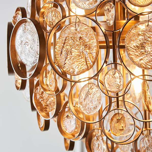 Vesilo Lighting Medallion Antique Gold, Clear & Amber Glass Detail Chandelier