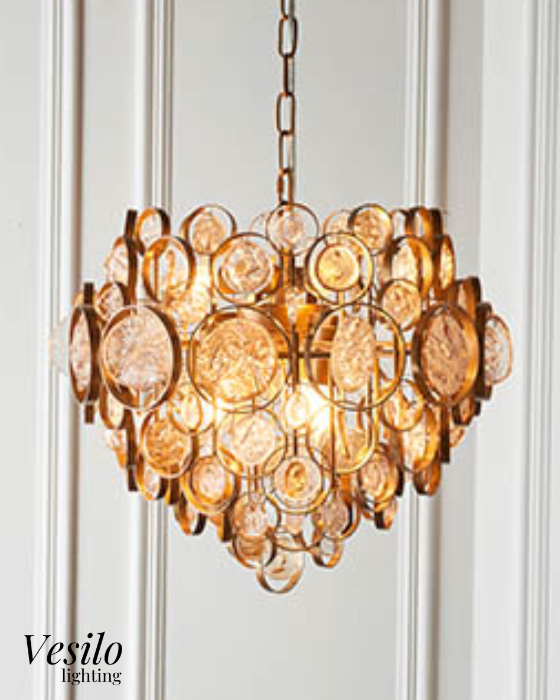 Vesilo Lighting Medallion Antique Gold, Clear & Amber Glass Detail Chandelier