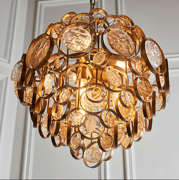 Vesilo Lighting Medallion Antique Gold, Clear & Amber Glass Detail Chandelier
