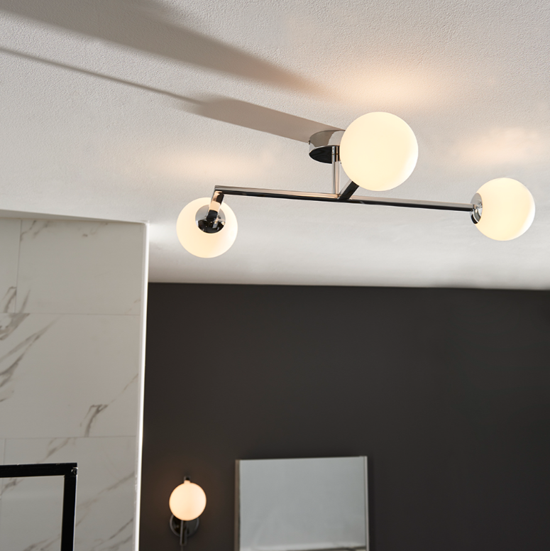 Vesilo Lighting Angle Chrome Bathroom IP44 Semi Flush with Opal Glass