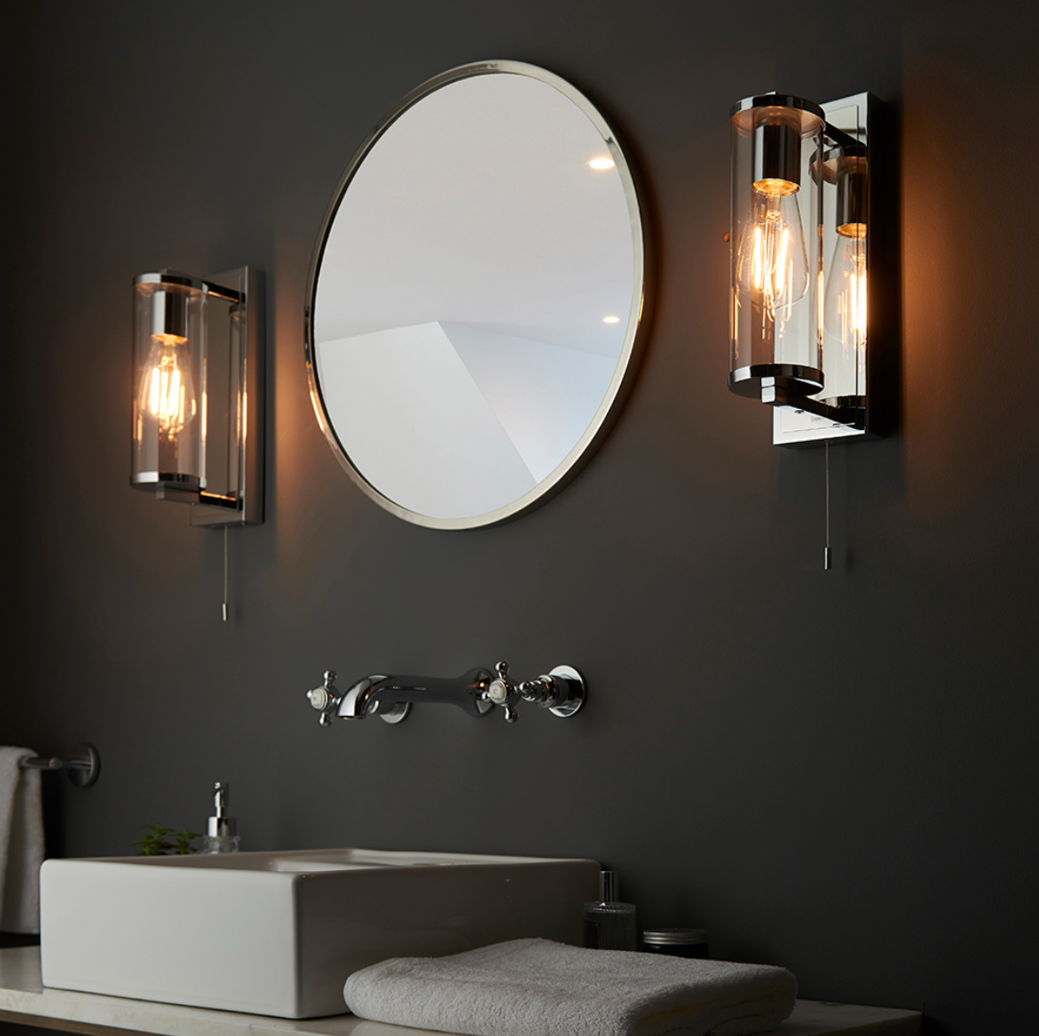 Vesilo Lighting Cylinder Bathroom IP44 Chrome & Tubular Glass Wall Light