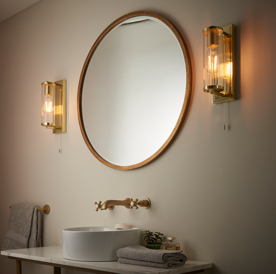 Vesilo Lighting Cylinder Bathroom IP44 Brushed Gold & Tubular Glass Wall Light