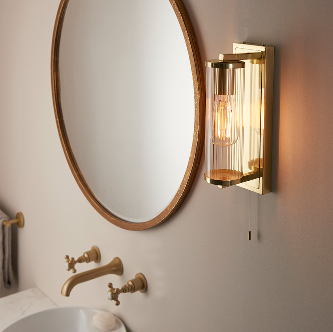 Vesilo Lighting Cylinder Bathroom IP44 Brushed Gold & Tubular Glass Wall Light