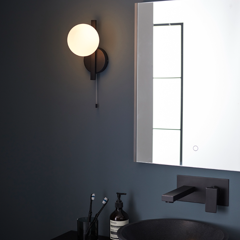 Vesilo Lighting Angle Matt Black Bathroom IP44 Wall Light with Opal Glass