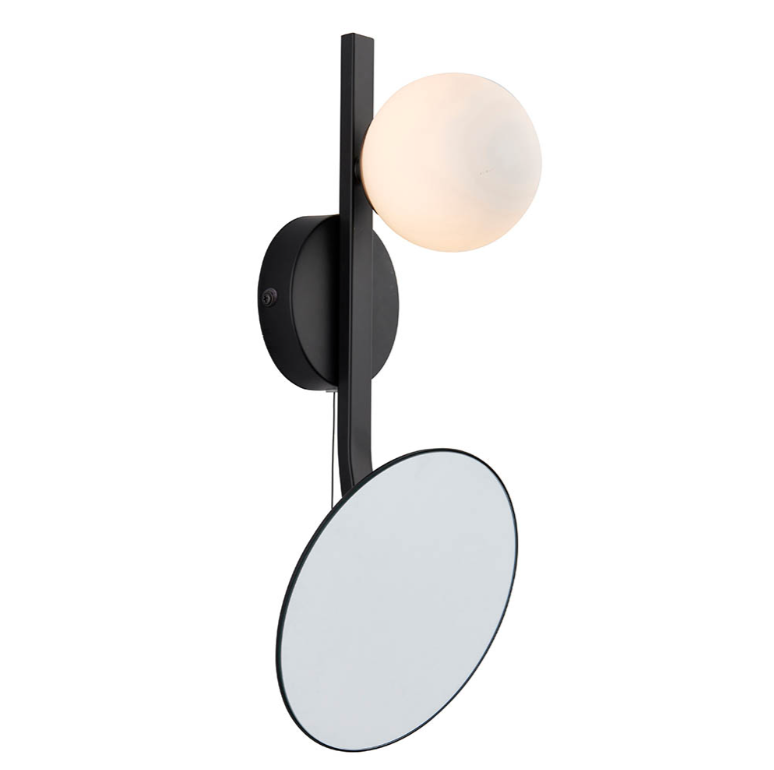 Vesilo Lighting Angle Mirrored Black Bathroom IP44 Wall Light with Opal Glass Shade