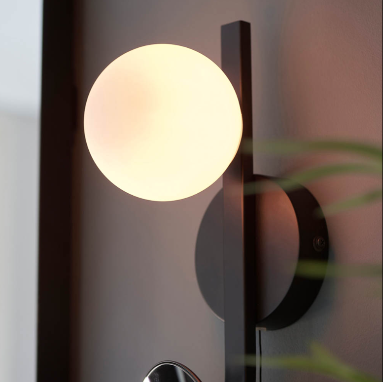 Vesilo Lighting Angle Mirrored Black Bathroom IP44 Wall Light with Opal Glass Shade