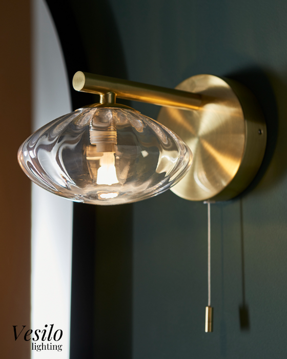 Vesilo Lighting Jewel Bathroom IP44 Brushed Gold & Ribbed Glass Wall Light