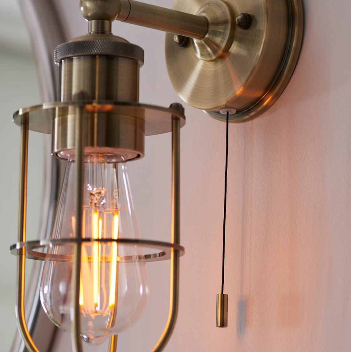 Vesilo Lighting Knurl Bathroom IP44 Antique Brass Caged Wall Light