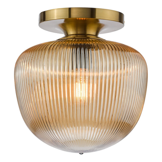 Dar Lighting Abrielle Brushed Bronze & Amber Ribbed Glass Flush