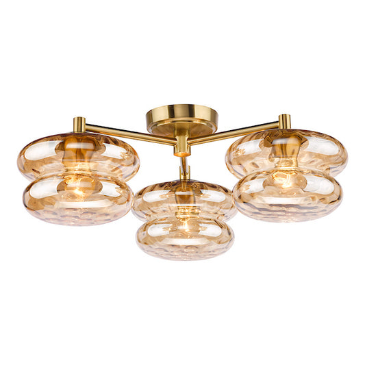 Dar Lighting Alcella 3 Light Natural Brass & Amber Dimple Glass Flush