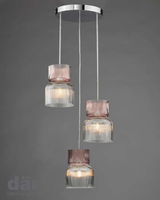 Dar Lighting Auberta 3 Light Polished Chrome & Pink Ribbed Glass Cluster Pendant