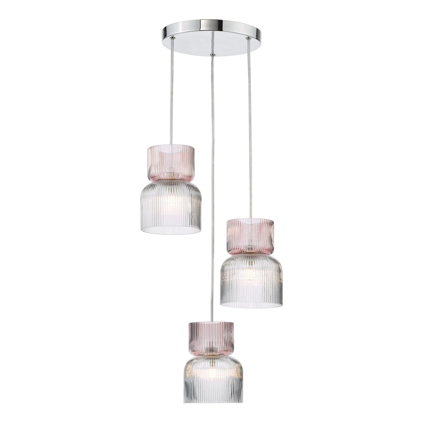 Dar Lighting Auberta 3 Light Polished Chrome & Pink Ribbed Glass Cluster Pendant