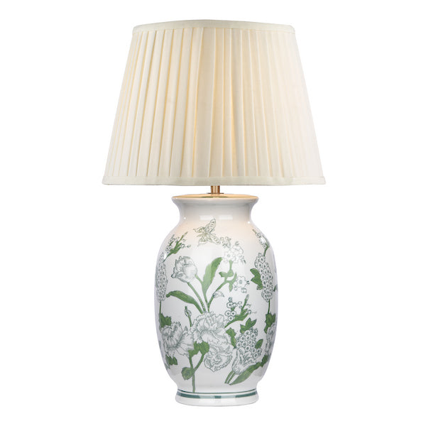 Dar Lighting Aviara Green Ceramic & Antique Brass Table Lamp With Ivory Pleated Shade