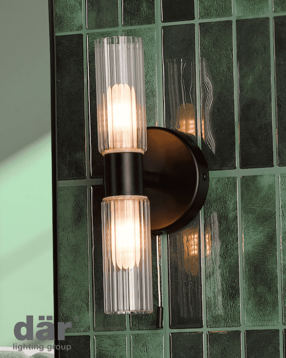 Dar Lighting Bolton 2 Light Bathroom IP44 Matt Black & Ribbed Glass Wall Light