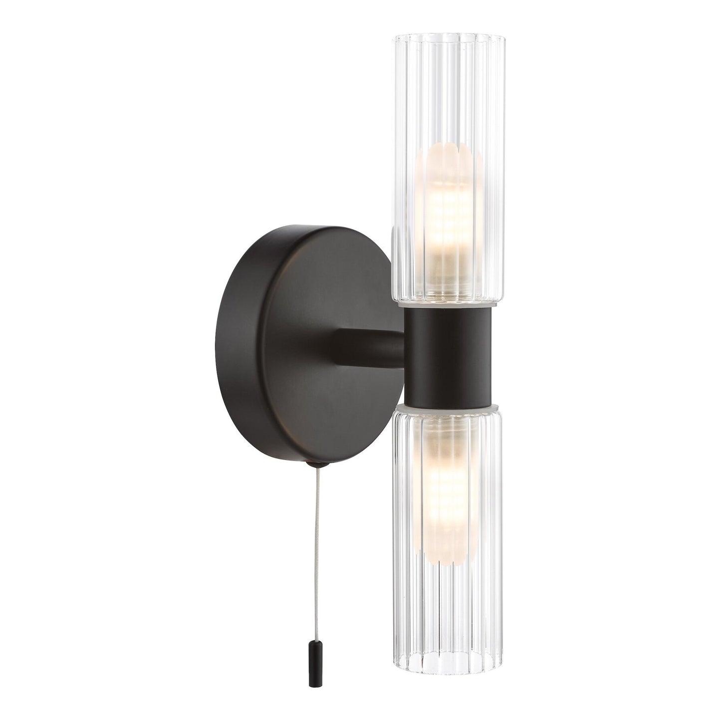Dar Lighting Bolton 2 Light Bathroom IP44 Matt Black & Ribbed Glass Wall Light